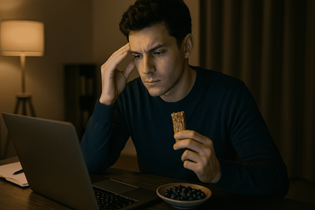 A young man in a navy sweater works intently at a wooden desk in a softly lit home office, holding a granola bar mid-bite. Surrounded by a few blueberries and a warm floor lamp, the scene visually reinforces healthy snacking for productivity and sustained energy.