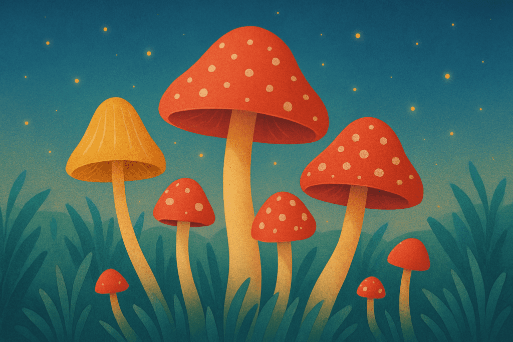 Vibrant depiction of glowing mushrooms in a grassy twilight field under a starry sky, illustrating the natural beauty and tranquil effects associated with psilocybin mushrooms.