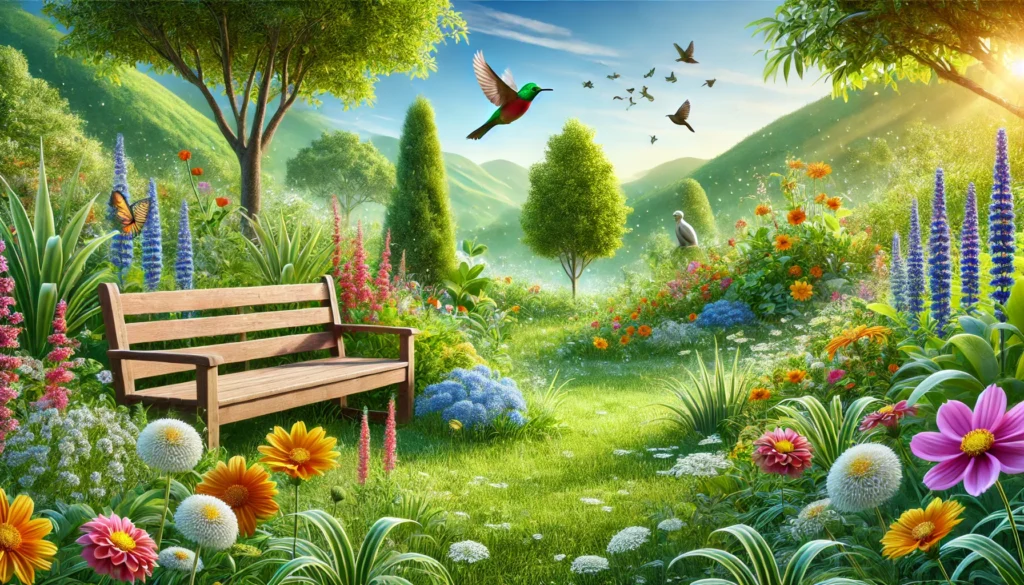 A vibrant green garden with colorful flowers, a wooden bench, and birds chirping, evoking mindfulness and natural dopamine reduction.