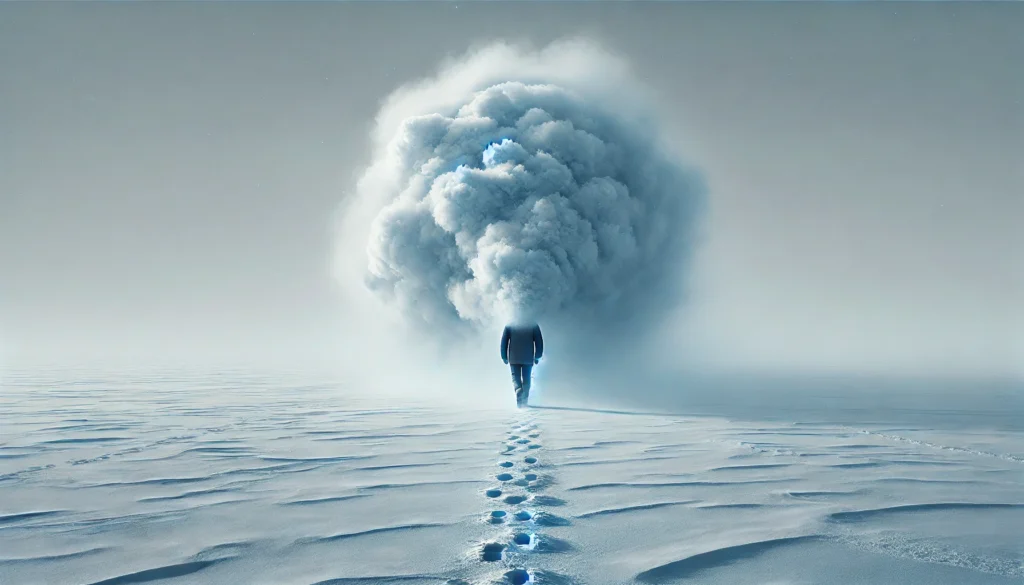 A vast, frozen field covered in thick fog. A solitary person walks unsteadily, their footprints fading in the frost. The fog swirls around their head, metaphorically blending into their mind, representing mental sluggishness caused by cold weather.