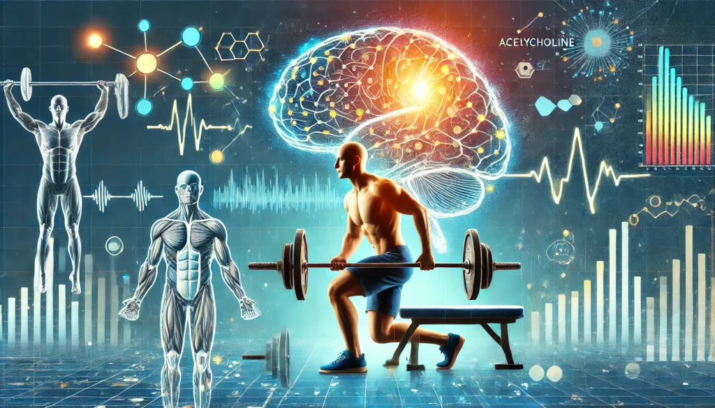 An energetic gym scene with a person lifting weights, highlighting exercise’s impact on brain function and neuromuscular health.