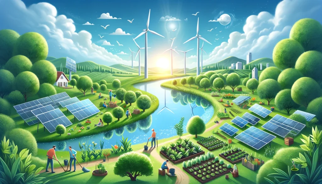 A hopeful image of a green landscape featuring wind turbines, solar panels, and people engaging in eco-friendly practices.