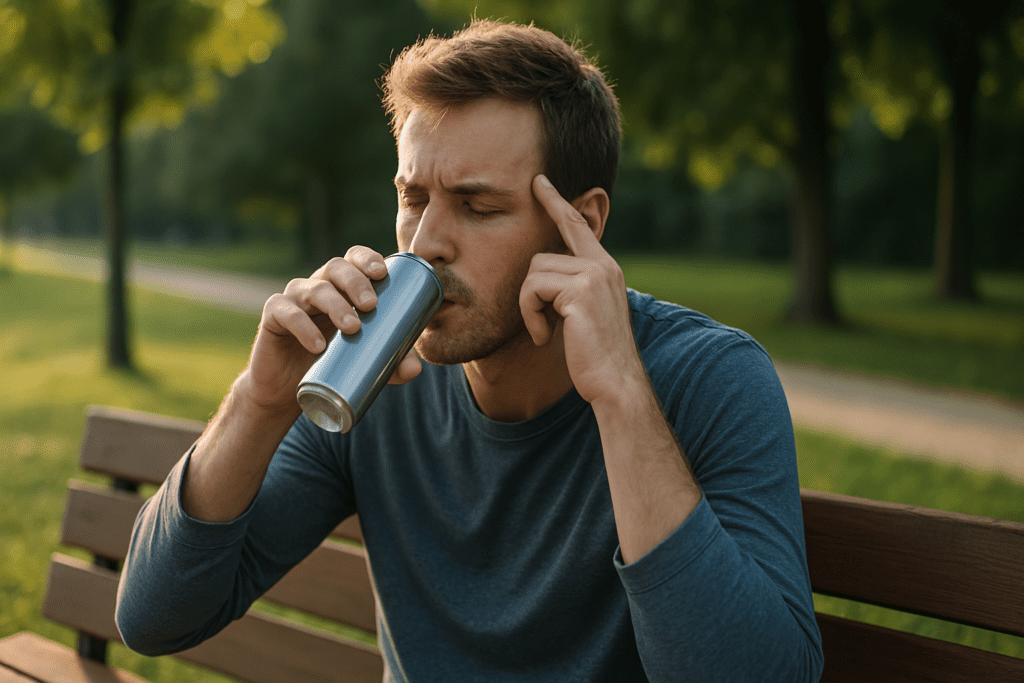 **Alt Text:**
A young man sits alone on a wooden park bench in the afternoon, drinking an energy drink under soft natural light. The lush greenery and peaceful outdoor setting highlight the theme of using energy drinks for focus, wakefulness, and mental clarity in everyday moments.