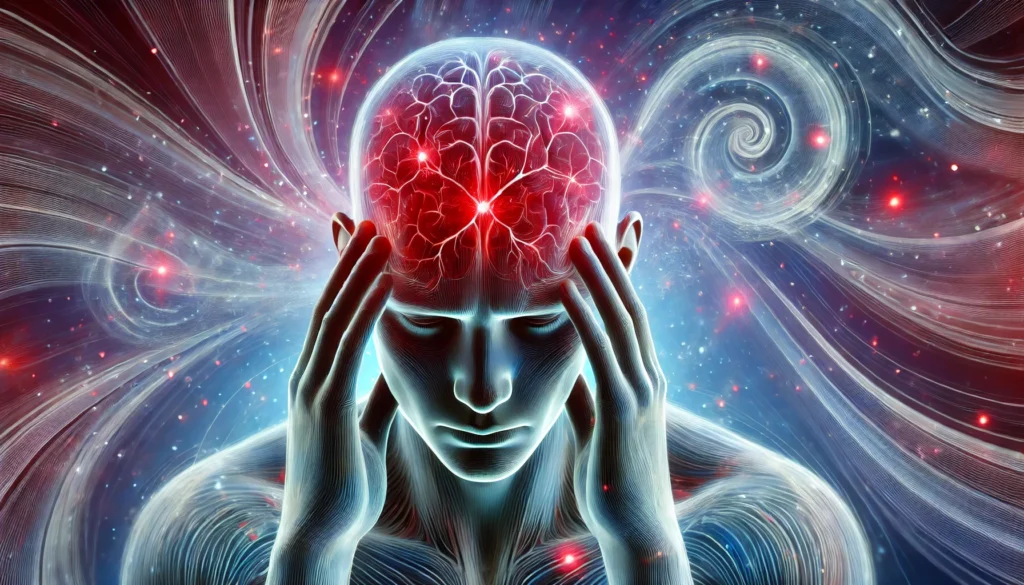 A distressed individual experiencing a headache, holding their temples while glowing red pain points highlight areas of discomfort. Abstract swirling patterns in the background symbolize brain fog and neurological effects, with a contrasting color scheme of cool blues and purples against red pain areas.