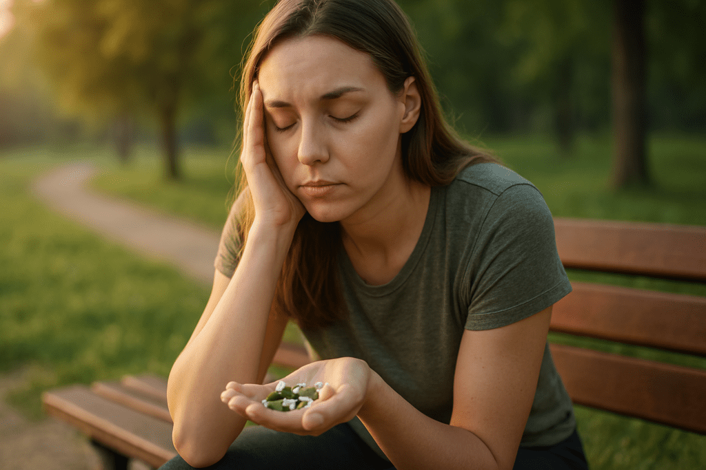 A woman with light brown hair sits in early morning sunlight on a park bench, resting her temple in one hand while holding natural supplement capsules in the other. The gentle greenery and emotional expression convey the calming yet energizing potential of natural energy pills for mental clarity.