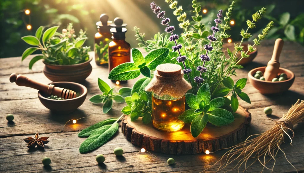 A serene, nature-inspired arrangement of focus-enhancing herbs like bacopa monnieri, sage, and ginseng on a wooden table, alongside a glowing glass jar of herbal tincture bathed in warm sunlight.