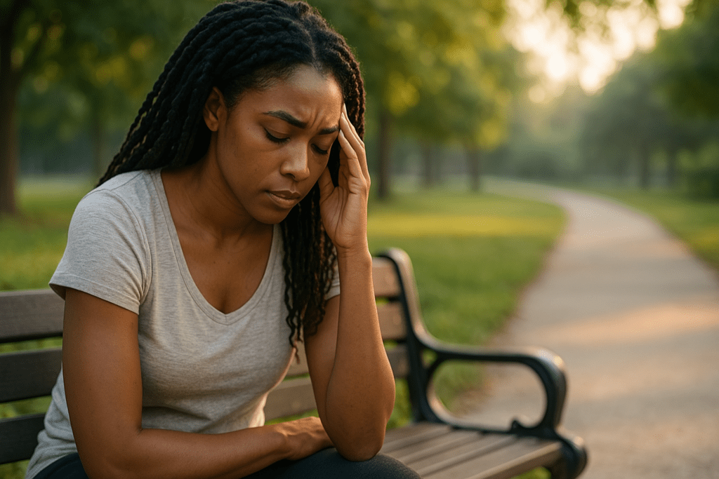 A young African-American woman sits in peaceful solitude on a rustic bench in a green park at dawn, her contemplative posture illuminated by soft morning sunlight. The image highlights themes of natural energy, early-day mental clarity, and the grounded benefits of holistic lifestyle choices tied to energy vitamins for women.