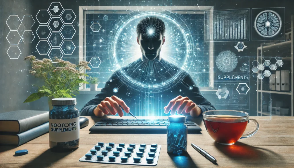 A futuristic workspace featuring a person deeply focused, representing heightened concentration from nootropic use. A digital interface projects neural activity, while a cup of herbal tea and supplement bottles are nearby, creating a calming and performance-enhancing environment.