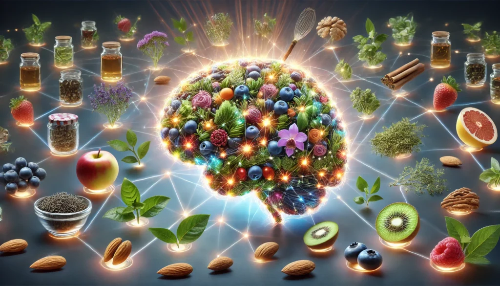 A futuristic visualization of a glowing human brain surrounded by natural cognitive boosters like blueberries, green tea, almonds, and herbal extracts, all interconnected with neural pathways made of light.
