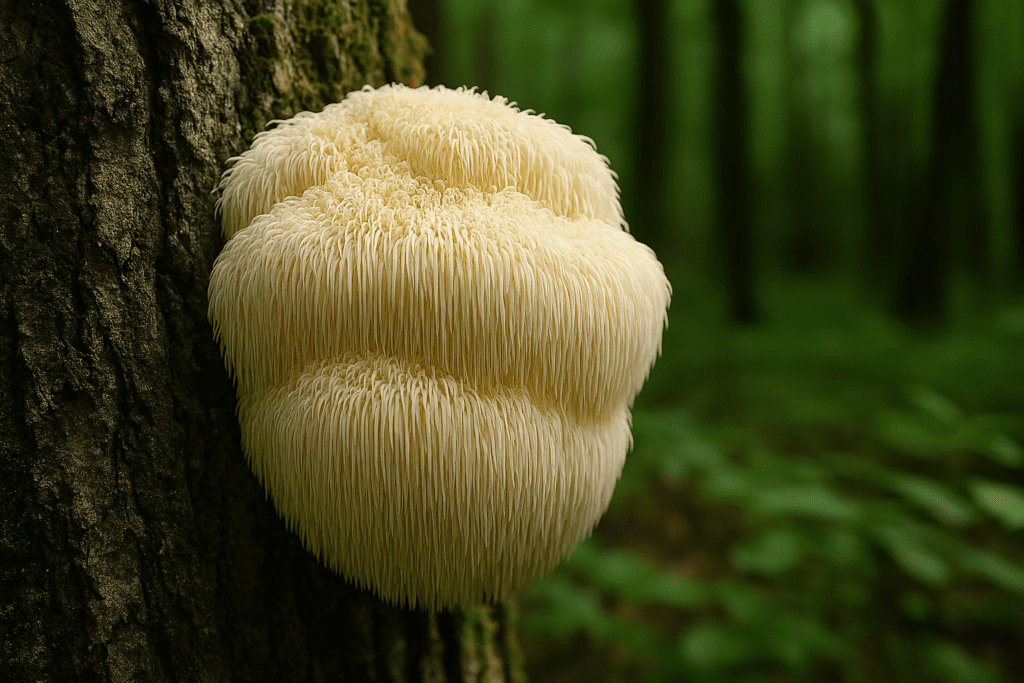 Close-up image of a Lion’s Mane mushroom growing on tree bark in a green forest, highlighting its cascading white spines and symbolizing its role in brain health and cognitive regeneration.