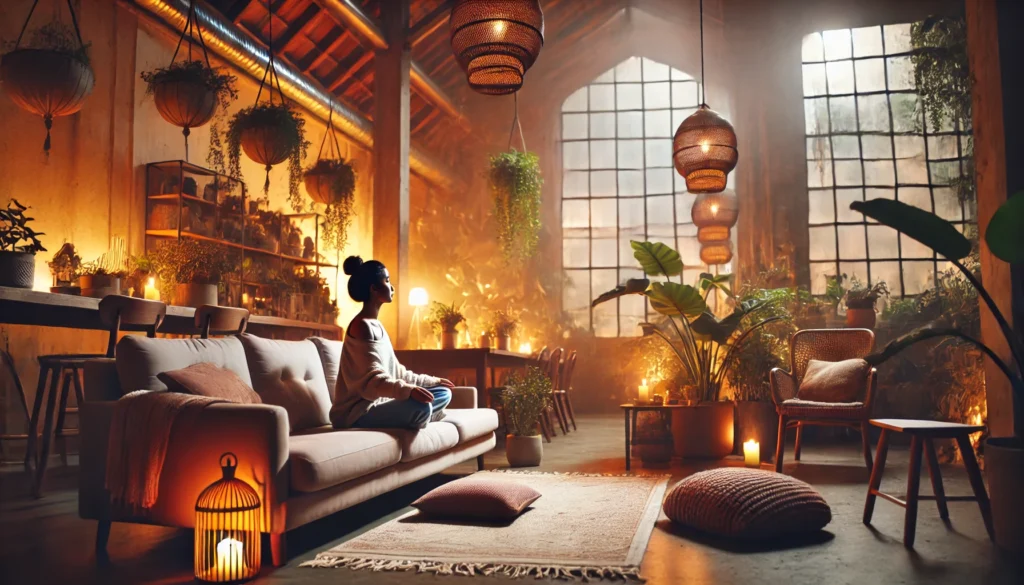 A cozy indoor setting featuring a person practicing deep breathing exercises on a comfortable couch, with soft warm lighting, houseplants, and a calming ambiance.