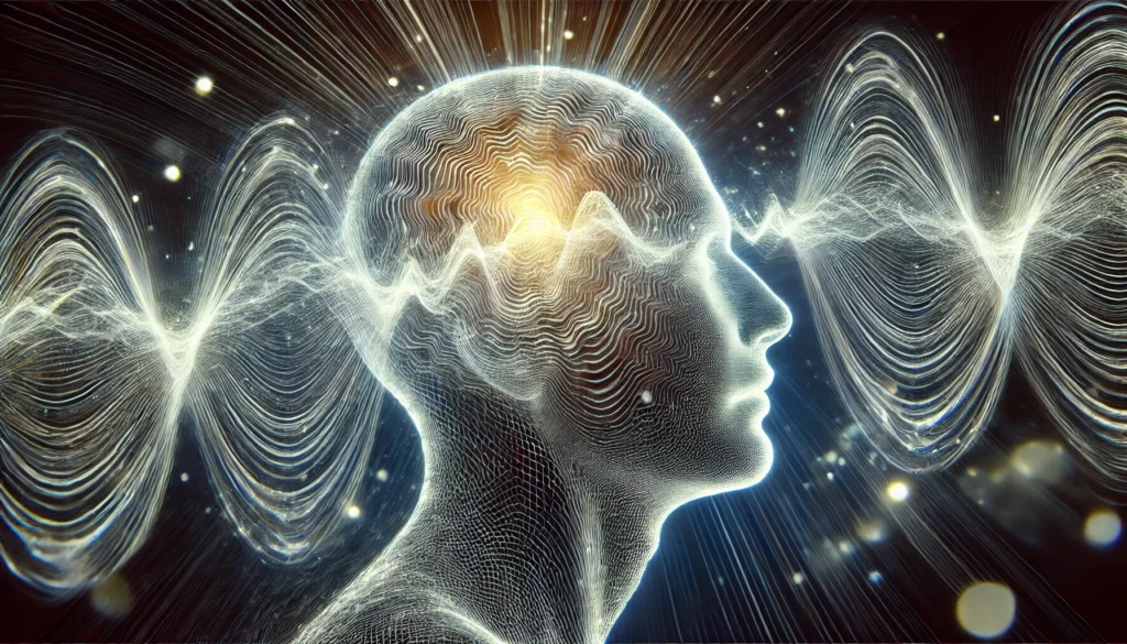 An abstract depiction of head vibrations with waves of light rippling outward from a human silhouette, representing pulsating or fluttering sensations in the head.