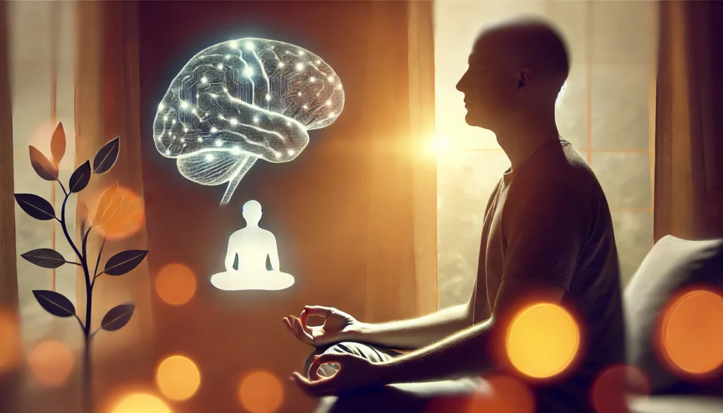A serene scene depicting a person engaging in mindfulness meditation near a window with natural light, representing cognitive support strategies to manage lupus-related brain fog and enhance mental clarity.