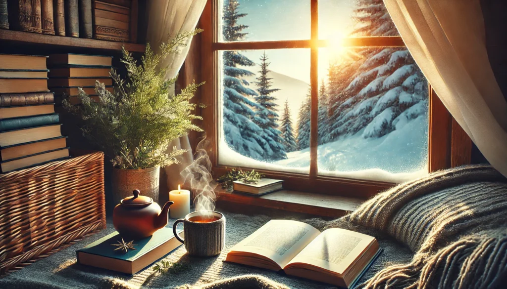 A cozy indoor setting with a person reading by a sunlit window, a warm cup of herbal tea nearby, and snow-covered trees outside, representing relaxation and cognitive rejuvenation in winter.
