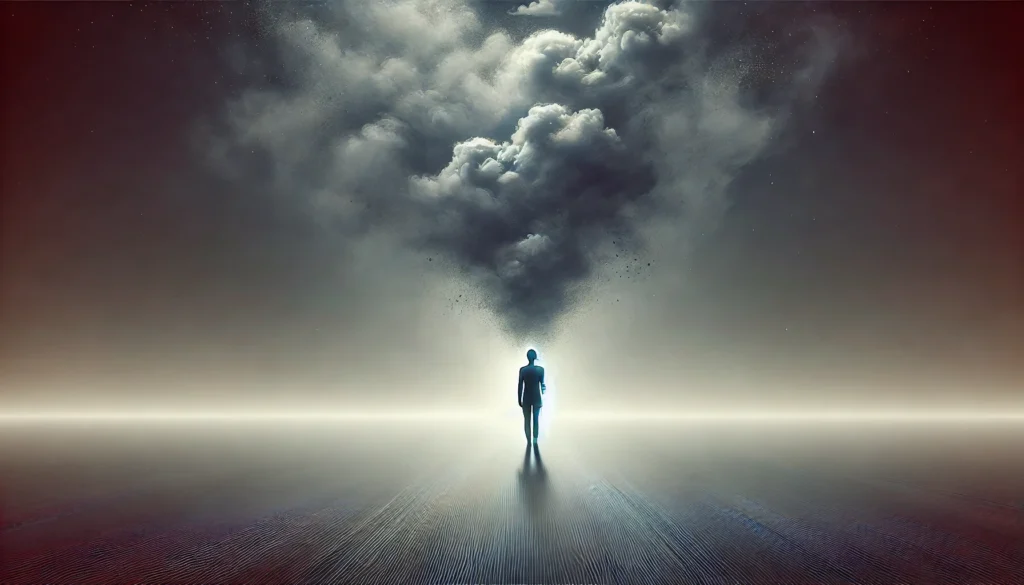 A conceptual illustration of a human figure standing in a vast foggy space, their head dissolving into the mist, representing cognitive disconnection and the impact of anxiety on mental clarity.