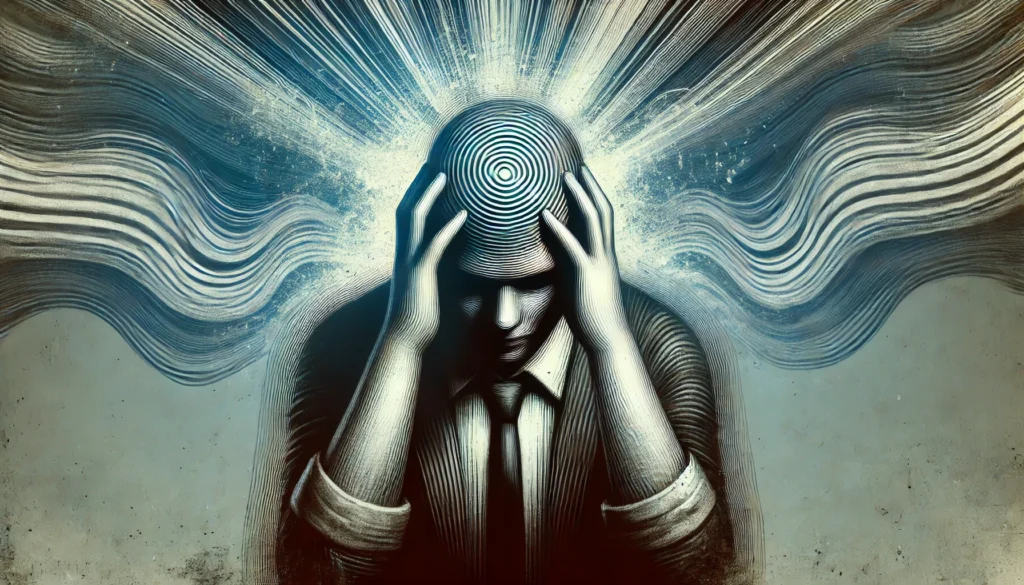 A symbolic image of a person clutching their head as waves of distortion and pressure radiate outward, illustrating head pressure and cognitive fog. The background blends blue and gray hues, evoking a sense of mental strain and lack of clarity.