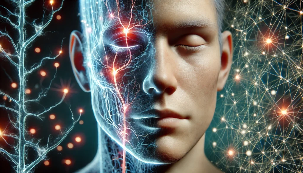 A detailed 3D-rendered image of a human face with visible nerve pathways illuminated, emphasizing facial numbness, tingling sensations, and neurological connections in a futuristic setting.