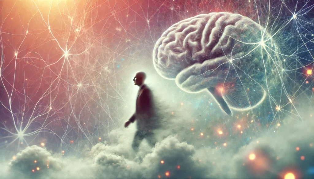 A conceptual representation of brain fog, depicting a human figure navigating through a dense mental haze, symbolizing cognitive confusion and difficulty in processing thoughts.