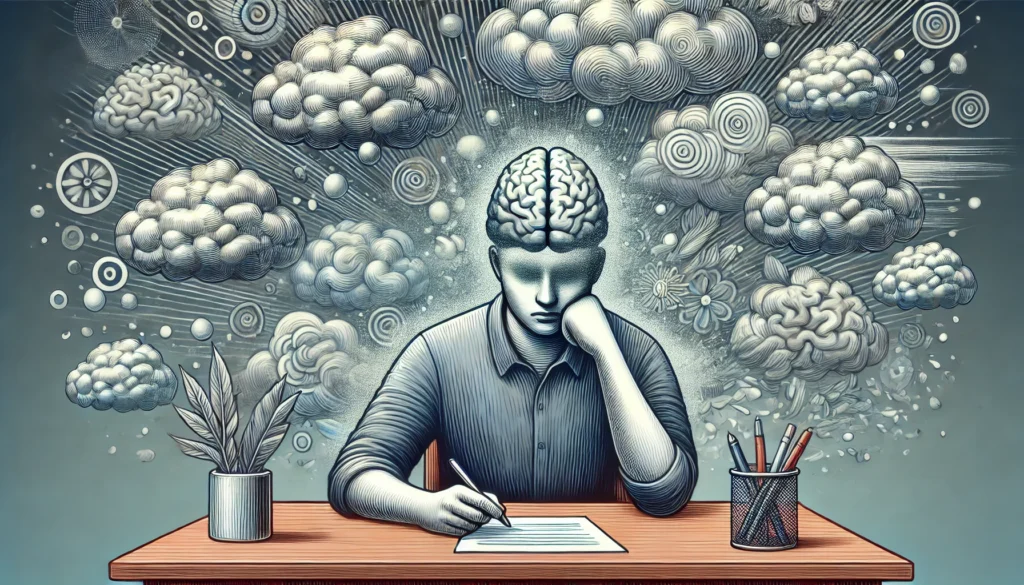 A detailed conceptual illustration of brain fog and cognitive fatigue, showing a person sitting at a desk with an unfocused expression, surrounded by blurry, floating thoughts representing mental exhaustion and lack of clarity.