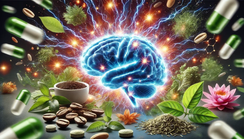 A striking depiction of brain activity boosted by over-the-counter stimulants, showing a glowing brain with electrical impulses firing, surrounded by natural enhancers like coffee beans, green tea leaves, and herbal supplements in a high-energy environment.