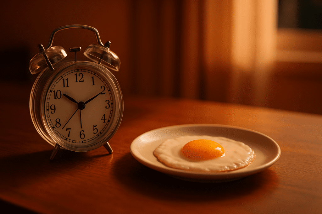 A close-up of a cooked sunny-side-up egg beside a classic analog alarm clock on a wooden surface, lit by warm indoor ambient lighting. The glowing yolk and morning timepiece symbolize how eggs may support natural energy and focus to start the day.