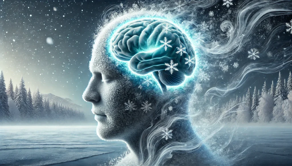 An artistic representation of cold sensations in the head, showcasing a human head partially covered in frost with icy mist swirling around the scalp, while the brain emits a soft blue glow, evoking a wintery atmosphere.