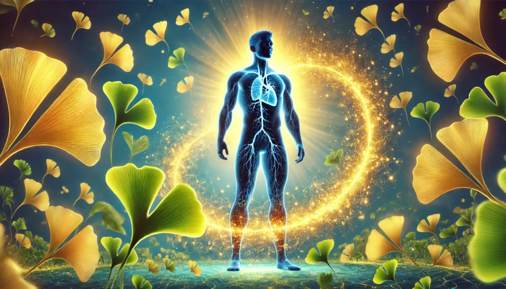 A metaphorical 3D-rendered image of a strong, healthy male silhouette standing in a glowing natural landscape. Golden energy waves surround him, symbolizing vitality and improved circulation. Ginkgo Biloba leaves float in the foreground, emphasizing the herbal connection.