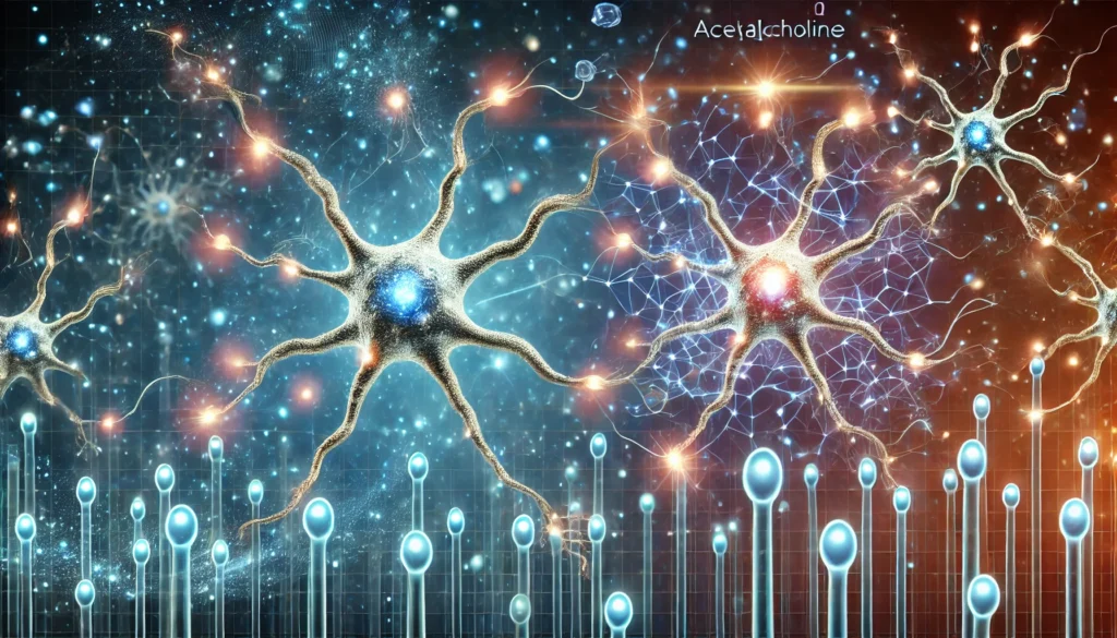 A conceptual illustration of neurotransmitters in action, showing acetylcholine molecules transmitting signals between glowing neuron synapses. The deep cosmic blue background with digital particles represents brain function, focus, and memory enhancement.