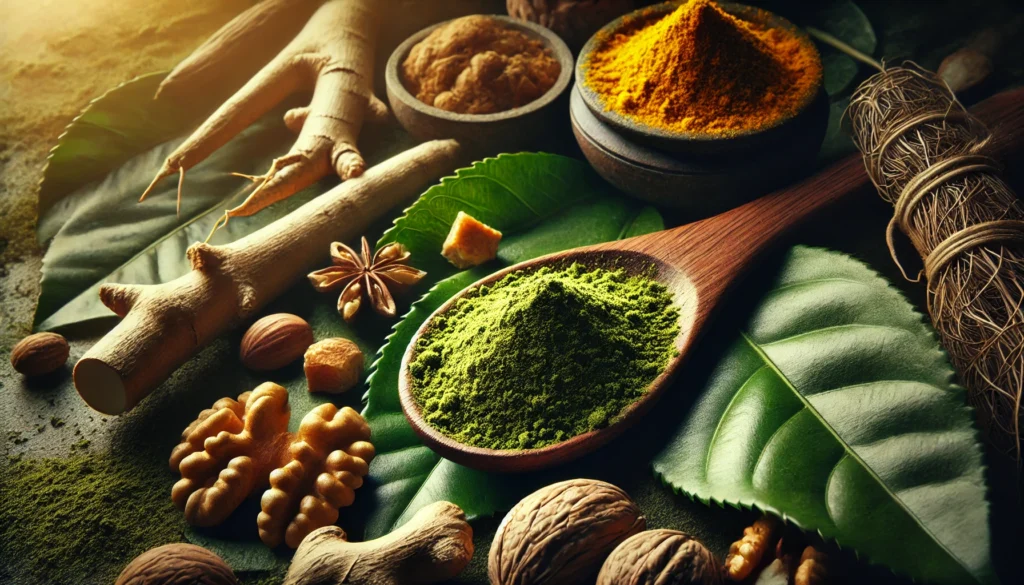 A close-up of a wooden spoon with powdered matcha, resting on fresh green tea leaves, alongside ginseng roots, golden turmeric powder, and walnuts, emphasizing natural energy and focus.