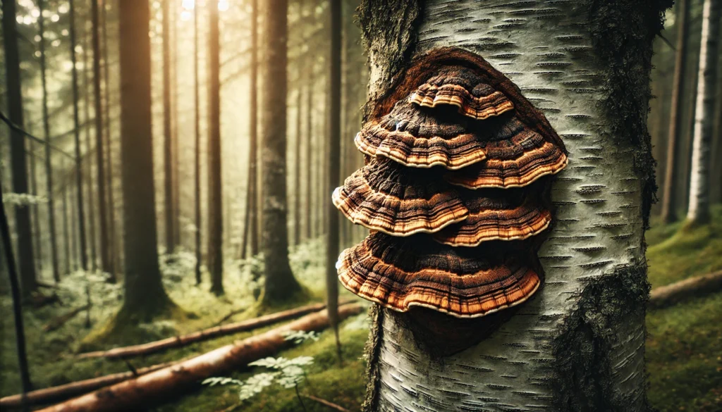 A close-up of wild Chaga mushrooms growing on a birch tree in a dense forest, with soft natural light filtering through the trees. The deep, earthy texture of the Chaga mushroom is prominent, representing its benefits for brain health.