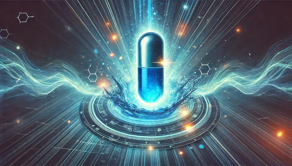 A futuristic blue supplement capsule dissolving in liquid with an electrifying aura, set against a high-tech background, symbolizing energy, focus, and performance enhancement.