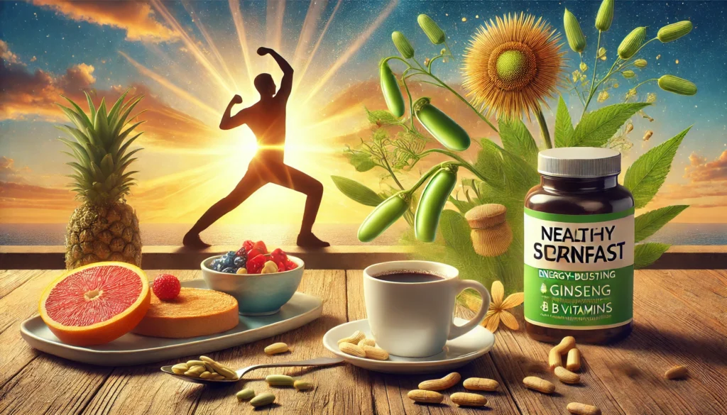 A dynamic and energetic morning scene with a person stretching in front of a sunrise, ready to start the day. Nearby, a healthy breakfast with a cup of coffee and energy-boosting supplements like ginseng and B vitamins sits on a table, symbolizing a productive start.
