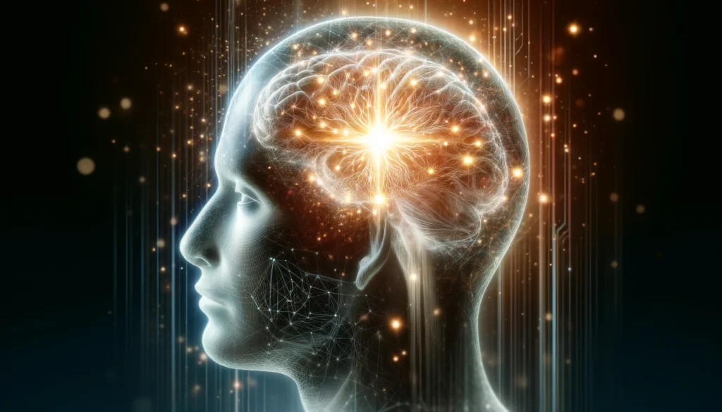 A concept image of brain optimization, depicting a human head with a transparent skull revealing a glowing neural network, visually illustrating enhanced intelligence, focus, and advanced cognitive abilities.