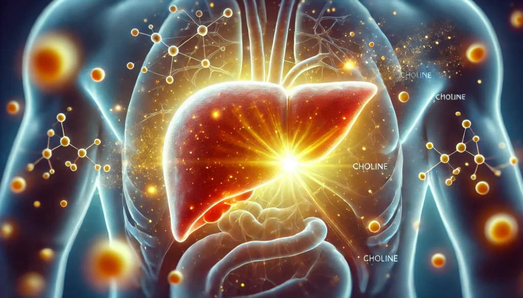A close-up visualization of a human liver with a golden aura, representing liver detoxification and rejuvenation through choline supplementation.