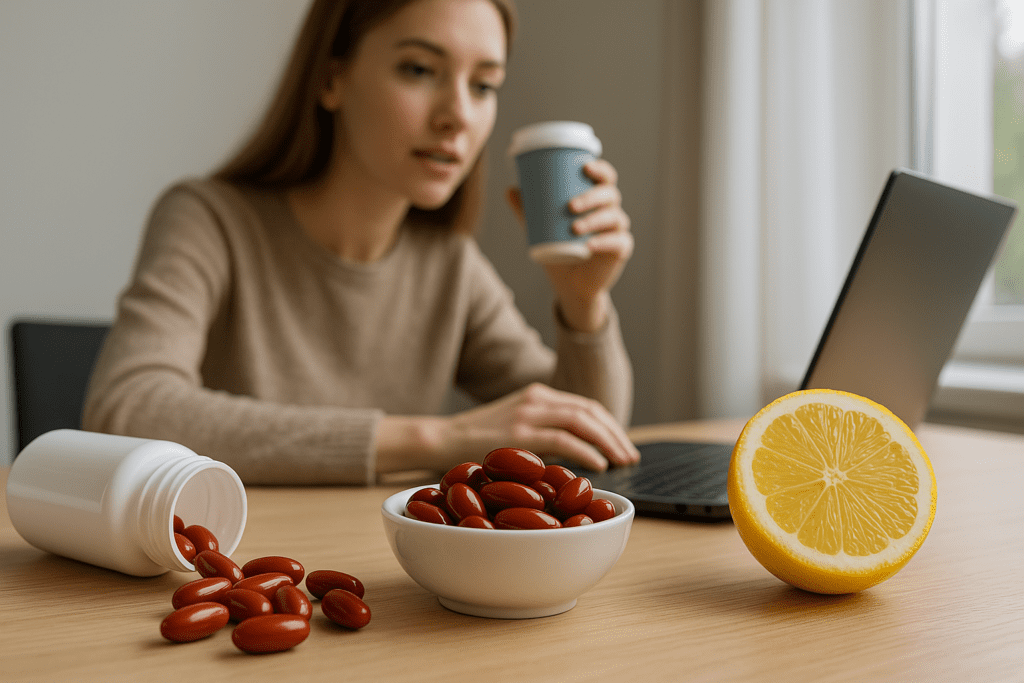 Red B12 capsules spilling from a bottle with a lemon half and a young woman using a laptop with a coffee cup, evoking natural wakefulness and mental clarity.”