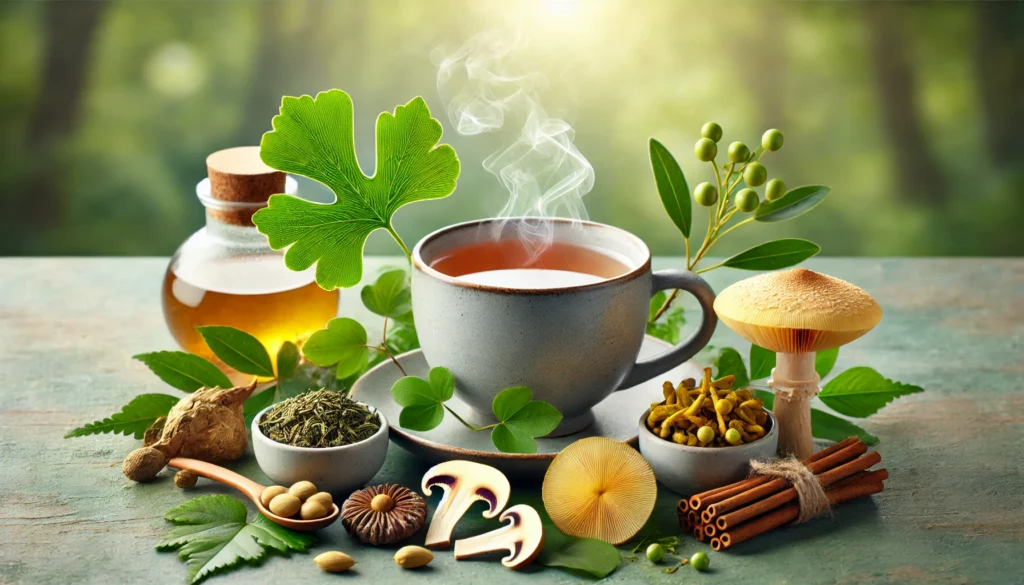 A steaming cup of herbal nootropic tea surrounded by fresh ginkgo biloba leaves, ashwagandha roots, lion’s mane mushrooms, and dried Rhodiola rosea, set against a blurred green forest background.