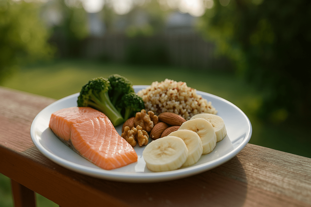 In soft natural morning light, a ceramic plate sits outdoors with salmon, quinoa, broccoli, almonds, walnuts, and bananas—showcasing nutrient-rich foods that support serotonin production, ease anxiety, and help regulate REM sleep cycles for better rest.