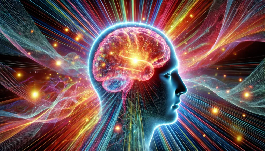 An artistic visualization of cognitive enhancement, featuring a glowing human brain surrounded by vibrant energy waves, representing mental clarity, focus, and heightened intelligence with futuristic aesthetics.