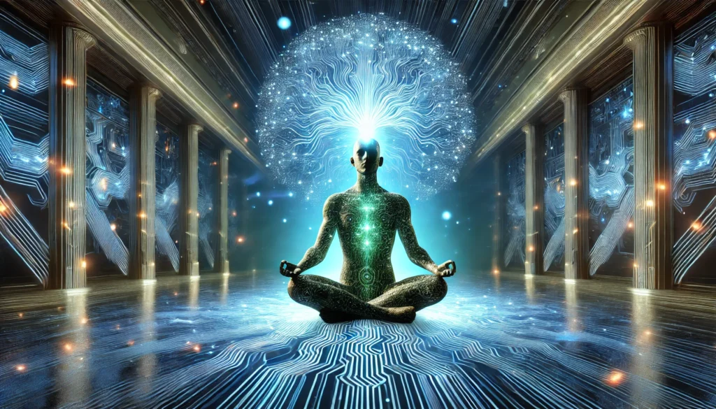 "3D-rendered futuristic scene of a human silhouette meditating, surrounded by glowing neural circuits. A vibrant blue and green energy aura radiates outward, symbolizing cognitive clarity and enhanced mental resilience in a high-tech setting."