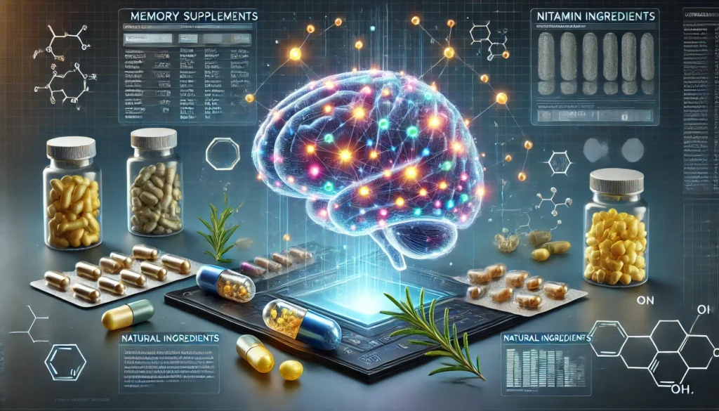 A scientific visualization of memory supplements enhancing brain function. A detailed 3D-rendered brain with glowing neural pathways is surrounded by supplement capsules and natural ingredients like rosemary, vitamin B12, and coconut oil, set against a digital interface with molecular structures.