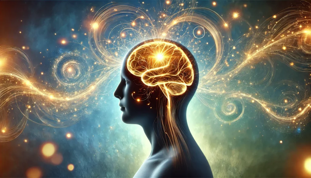A striking visualization of L-Tyrosine’s effect on ADHD management, featuring a human silhouette with an illuminated brain. Golden glowing pathways highlight enhanced neural connections, with swirling light patterns symbolizing improved focus.