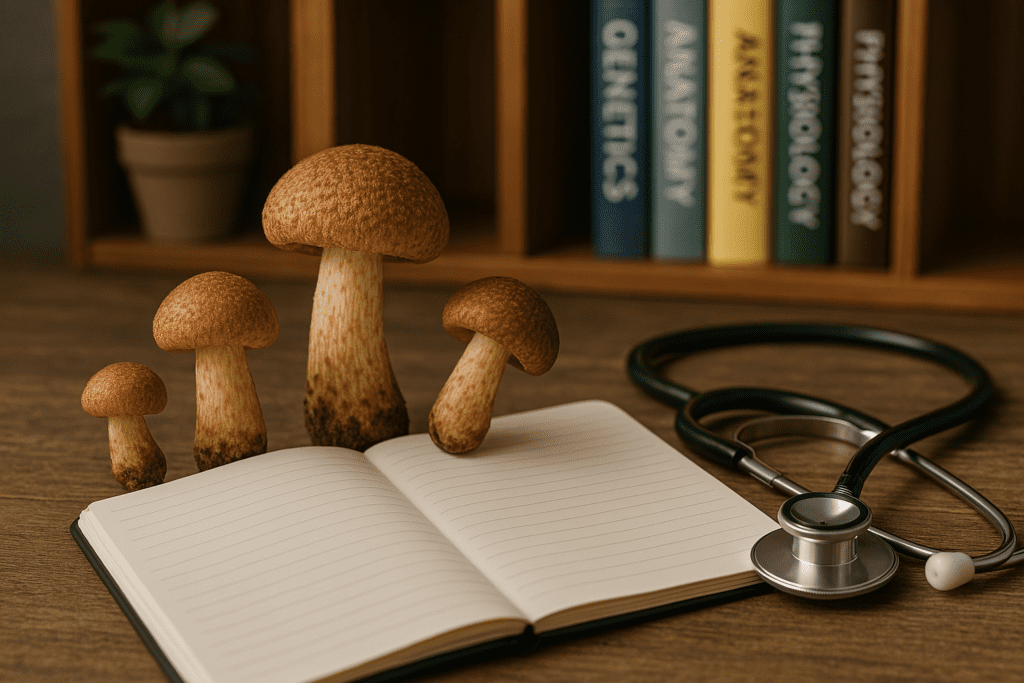 An open notebook with a stethoscope and four mushrooms in front of academic books, visually representing the intersection of natural mushroom supplements and medical research.