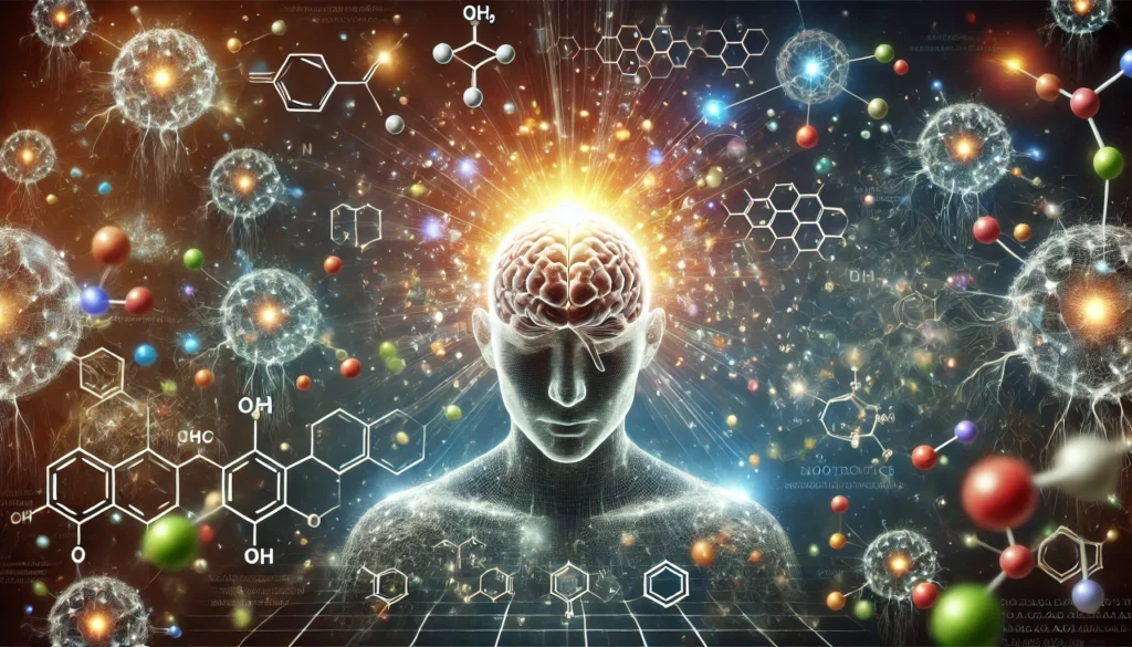 A conceptual illustration of a human brain glowing with energy, surrounded by floating molecular structures, neurons, and biochemical elements, representing cognitive enhancement and scientific innovation in brain supplements.