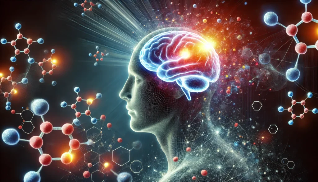An artistic conceptual visualization of brain health, showing a glowing brain surrounded by floating molecules representing nootropic supplements and cognitive enhancement.