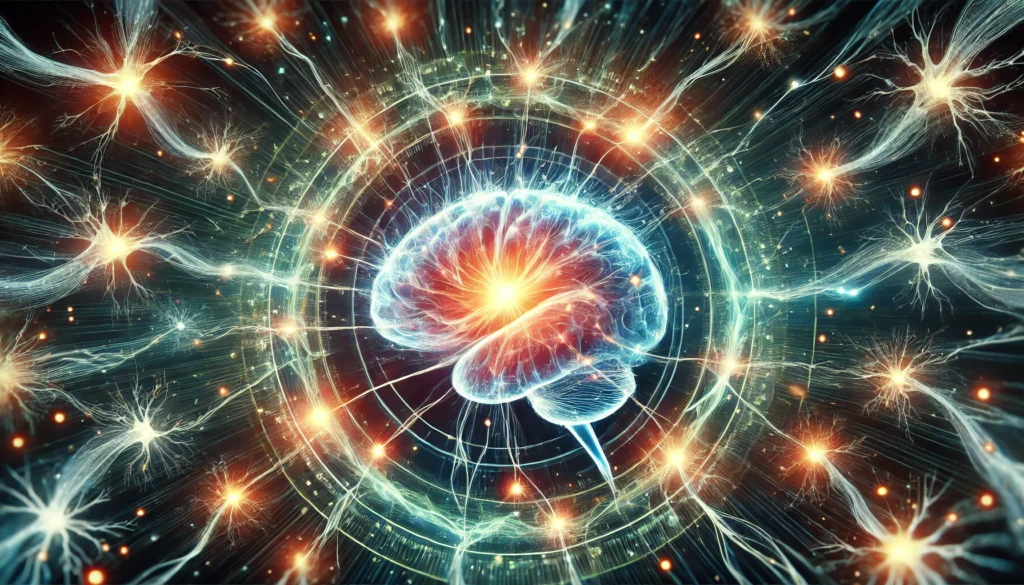 An artistic visualization of synaptic connections firing in the brain, surrounded by a glowing energy field, depicting neural stimulation, memory enhancement, and the cognitive benefits of Alpha-GPC.