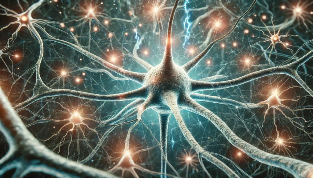 A detailed scientific rendering of brain neurons under a microscope, showcasing synaptic connections and the role of neurotransmitters in cognitive function and neuroprotection.