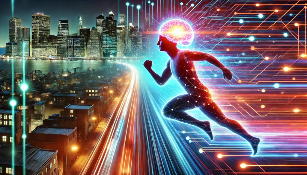 A dynamic scene of a person running through a neon-lit futuristic city, their mind radiating energy and focus, representing heightened mental performance and peak productivity.