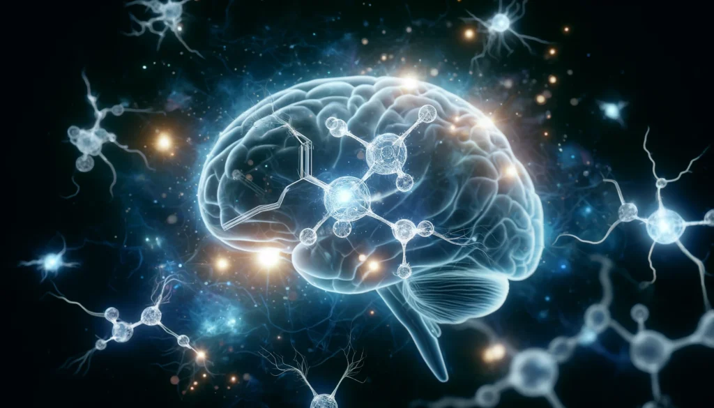 "An artistic visualization of nicotine molecules interacting with brain synapses, representing cognitive enhancement. Glowing chemical structures float around neural pathways, illuminated by soft blue light against a dark, abstract scientific backdrop."