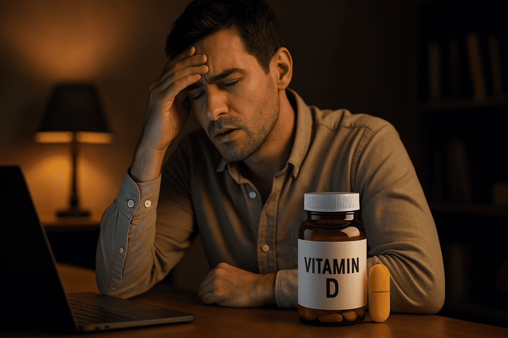 A tired young man sits under warm indoor lighting, resting his head on one hand at a desk with a laptop, while a bottle labeled "Vitamin D" and a yellow capsule lie prominently in the foreground—visually suggesting the potential role of vitamin D in boosting energy and enhancing focus. The ambient light casts a cozy yet slightly somber tone.