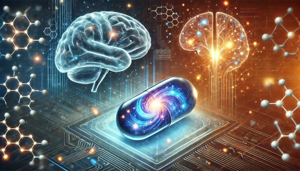 A high-tech visualization of a transparent brain-boosting pill infused with swirling blue and gold energy, symbolizing cognitive enhancement. A digital interface in the background showcases neural circuits and molecular structures, representing smart drugs improving focus and memory.